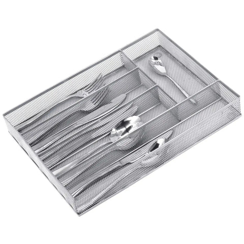 Five Compartment Mesh Silverware Drawer Organizer With Non Slip Foam Feet filled with cutlery, stackable design for kitchen storage