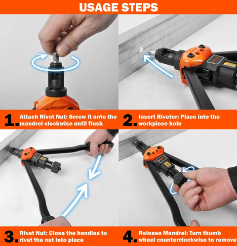 Heavy Duty Rivet Nut Tool Kit With 16 Inch Rivet Gun Including 12 Interchangeable Mandrels And 200 Rivet Nuts For Metal Wood Auto Projects Rugged Carry Case Labor Saving Hand Riveter usage steps
