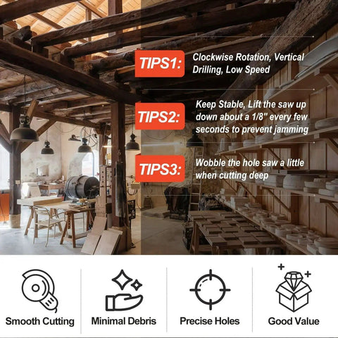 Interior of a workshop with tips for using Nine And A Quarter Inch Bi Metal Hole Saw Kit With One Half Inch Hex Shank Quick Change Arbor