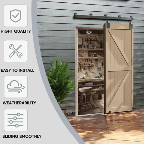 Exterior Box Rail Barn Door Hardware Kit Five Foot Black Sliding Track System for Wall Mount Heavy Duty Supports installed on shed