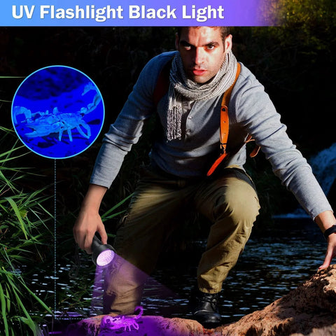 UV flashlight showing a glowing scorpion and man crouching in outdoor setting