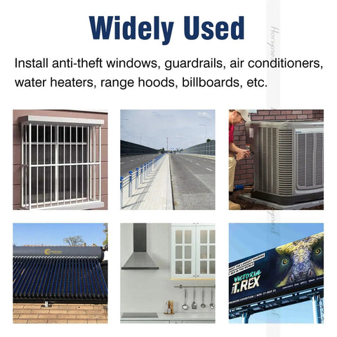 Grid of six images showing installations: anti-theft window, guardrails, air conditioner, solar heater, range hood, billboard.