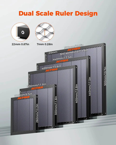 Image showcasing Honeycomb Laser Bed 300x300mm For Diode CO2 Fiber Laser Engravers With Aluminum Backing Plate, multiple sizes displayed.