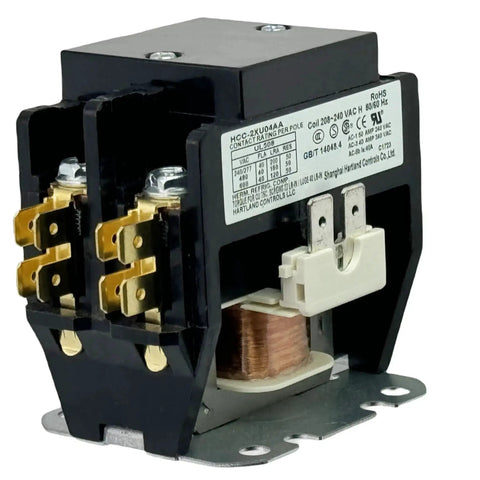 Compact 208V-240V 40A DPST Contactor for HVAC and commercial appliances, showing side view with metal connectors and coil.