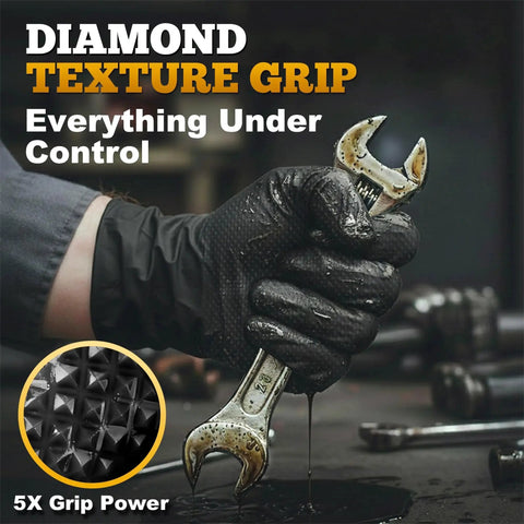 Heavy Duty Black Nitrile Gloves 8 Mil XL With Diamond Texture And Powder Free gripping wrench in oily environment