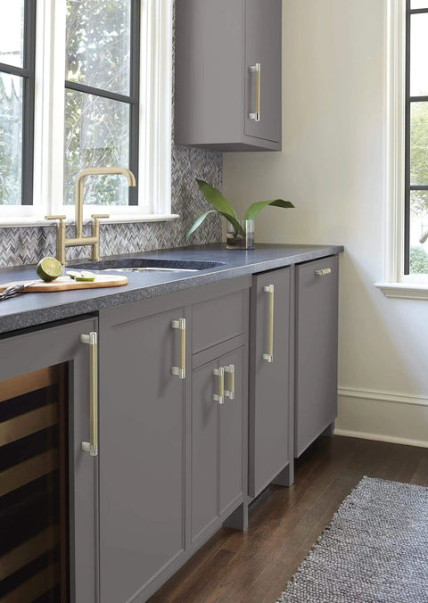 Contemporary Polished Nickel And Golden Champagne Cabinet Knob For Cabinets And Furniture, Esquire Series visible on kitchen cabinets.