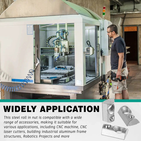 Worker operating CNC machine with widely applicable steel roll-in nuts compatible with various industrial structures.
