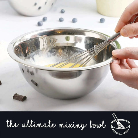 Stainless Steel Meal Prep Mixing Bowls Set for Real Kitchen Pros, hand whisking in deep bowl, BPA free, rust resistant