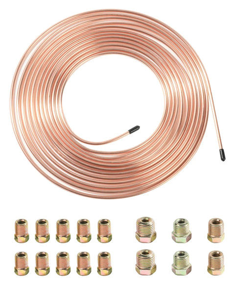 RACOONA 25 ft 3/16 brake line tubing coil, copper-nickel alloy, with 16 gold fittings