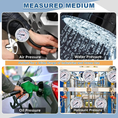 Image showing applications of Six Pack 0 To 100 Psi Glycerin Liquid Filled Pressure Gauges Set, including air, water, oil, and hydraulic pressure testing.