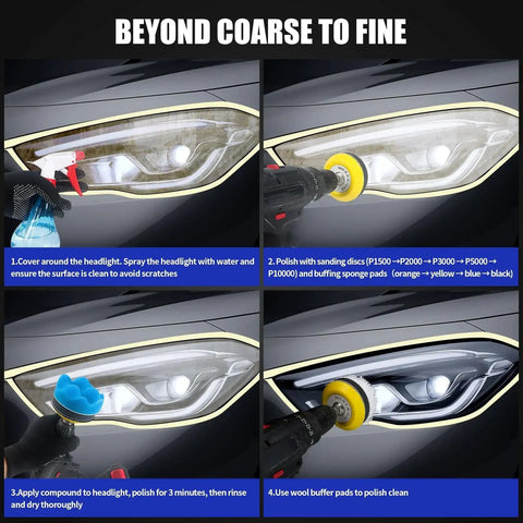 Process of using 3 Inch Sanding Disc Kit For Drill Polishing Wet Dry Headlight Restoration with drill on car headlights.