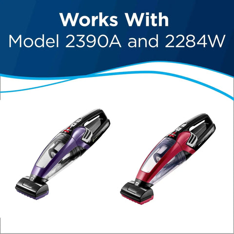 Two BISSELL Pet Hair Eraser handheld vacuums in purple and red.