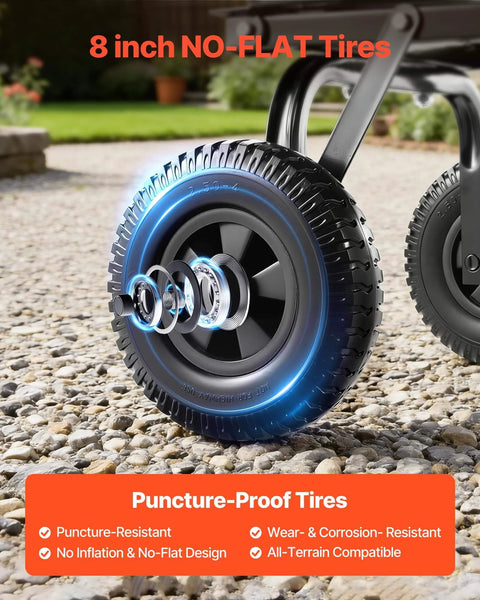 8-inch flat-free tire of Heavy Duty Workhorse 400Lb Capacity Wheelbarrow Dump Cart With 8 Inch Flat Free Tires And Quick Release Dump System Built For Easy Load And Haul Of Soil Gravel Firewood Or Crops