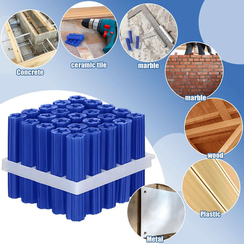 100 Pcs Expanding Plastic Anchors For Concrete And Drywall, Blue Anchors For Hollow Walls, Tile And Cement, 5/16 Inch By 1-1/2 Inch