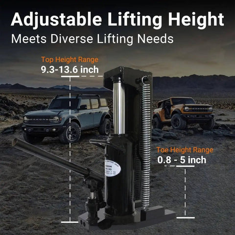 Dual-Function 2.5 Ton Toe Jack and 5 Ton Heavy-Duty Hydraulic Floor Jack for Auto Repair showing adjustable lifting height