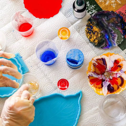 Vibrant Six Color Epoxy Resin Pigment Paste Set For Consistent Batch Coloring 10.15 Oz 300 Ml Total displayed with mixing tools