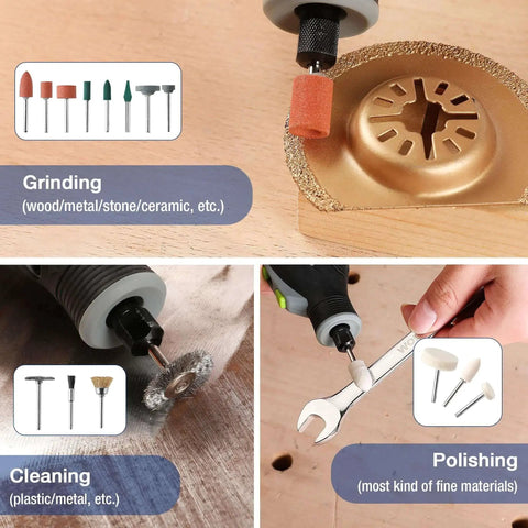 All Purpose Rotary Tool Accessories Kit With 476 Pieces for grinding, cleaning, and polishing different materials, visible in use.