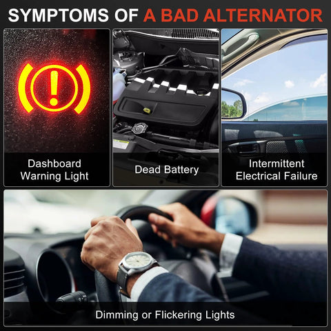 Symptoms of a bad alternator including dashboard warning light, dead battery, intermittent electrical failure, dimming lights.