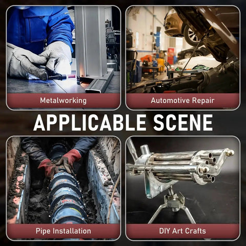 Image showing scenes where Heavy Duty Welding Magnet With 176Lb Holding Power YesWelder On Off Switch Arrow Shaped Angle Holder is used: metalworking, automotive repair, pipe installation, DIY crafts.