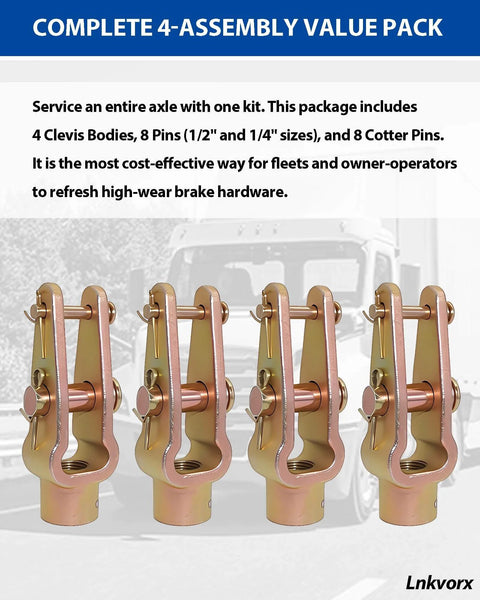 Four Pack Slack Adjuster Clevis Double Pin Kit With Straight Pins For Heavy Duty Air Brake Linkage Built To Last Five Eighths Inch By Eighteen Threaded Replaces R810019 CQ36541 E11430 A6809960540 Precision Dual Pin Geometry For Consistent Lever Action