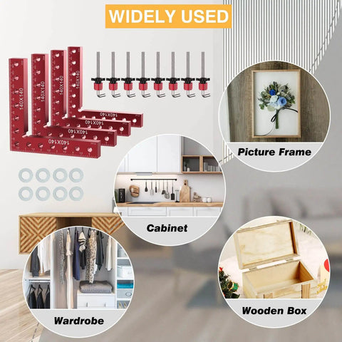 Pro Grade Corner Clamp Set For Woodworking 90 Degree Right Angle Clamps Aluminum Alloy With Extended Five And A Half Inch By Five And A Half Inch Clamping Range Four Pack For DIY Picture Frames Boxes Cabinets And Drawers displayed with usage examples