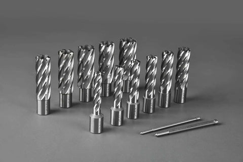 Heavy Duty 13 Piece Annular Cutter Set for Drill Press With Weldon Shank 3/4 Inch displayed, includes various cutter sizes and two pilot pins.