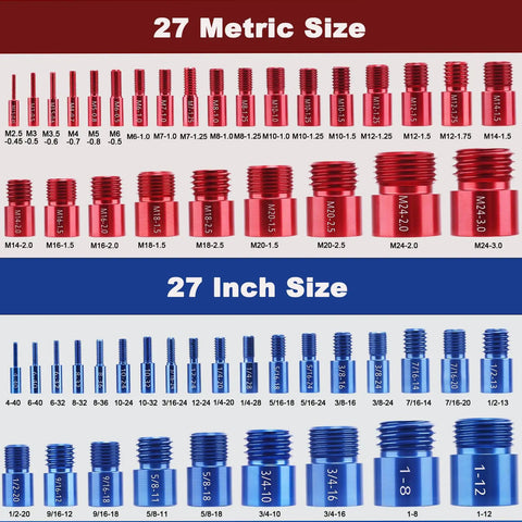 54-Piece Nut And Bolt Thread Checker Kit For Tight Spaces With 27 Inch And 27 Metric Sizes Pro Grade Bolt And Nut Identifier Gauge In An Organized Foam Tray For Quick Inspections showing red and blue thread gauges.