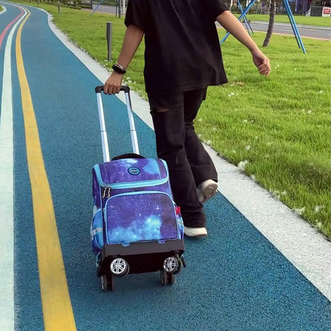 Person pulling a Foldable Aluminium Alloy Wheeled Backpack Trolley with Edge Guard Base and four spinner wheels on a path