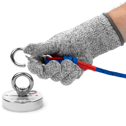 Gloved hand holding carabiner and blue rope next to magnet with ring, part of Underwater Treasure Hunting Magnet Fishing Kit With Case And Dual Strength Magnets 880Lb Double Sided And 550Lb Single Sided Includes Rope Carabiner Threadlocker And Gloves For The Real Magnet Fishing Crew.