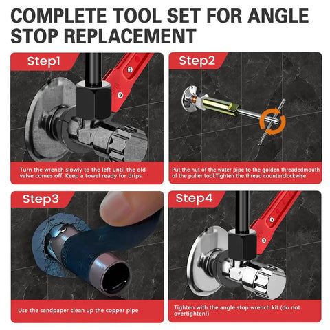 4 steps showing 6 Piece Plumbing Tools Kit With Angle Stop Wrench Half Inch Compression Sleeve Puller Sandpaper And Storage Bag