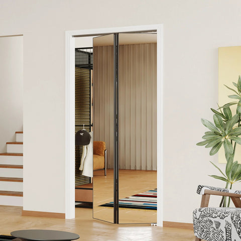 1 Lite Mirror Bifold Closet Doors With Sliding Hardware Kit Aluminum Alloy Folding Doors For Bedroom 36 Inch By 80 Inch Openings Full Length Mirror Space Saving Black Finish Sleek Modern Interior Door Solution installed in a room