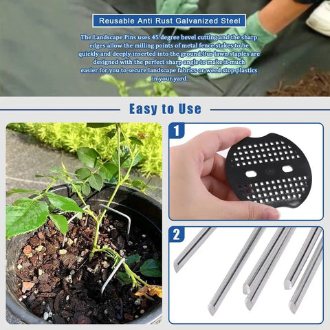 All In One Garden Stakes And Staples Kit with 100 pcs 6 inch U shaped landscape staples, 100 pcs fixing gaskets, 1 pcs pick hook