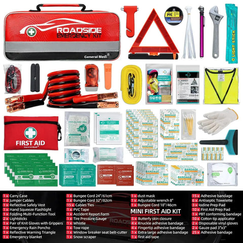 Essential 127-Piece Car Emergency Kit With Mini First Aid Kit Includes Jumper Cables Tow Rope Safety Vest and Triangle