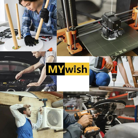 Collage of various DIY and hardware projects including table assembly, 3D printing, car repair, and bike maintenance.