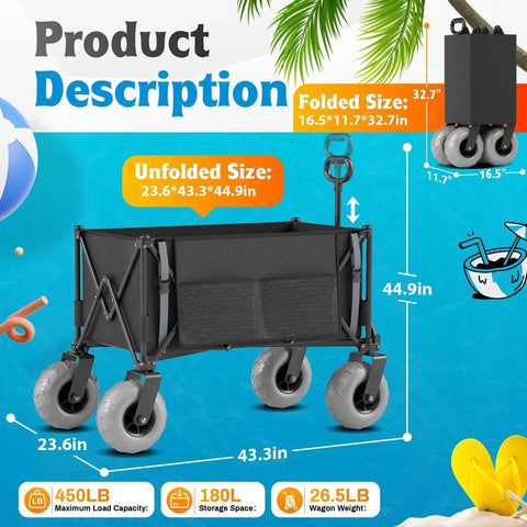 Foldable Femotic beach cart with 9-inch all terrain balloon wheels, 450lb capacity, 180L storage space, unfolded size shown.
