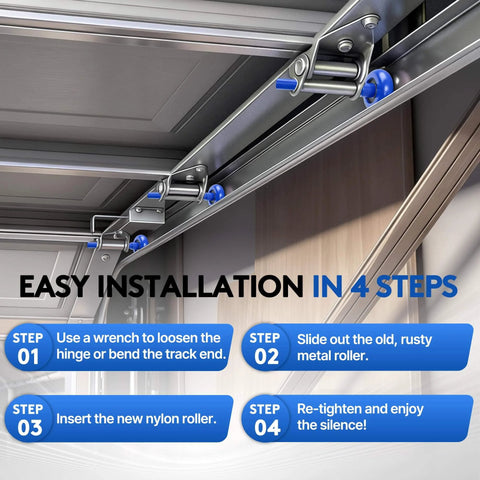 Installation process for 10 Pack 2 Inch Nylon Garage Door Rollers With 6200-2RS Bearings And 4 Inch Carbon Steel Stem shown in four steps.