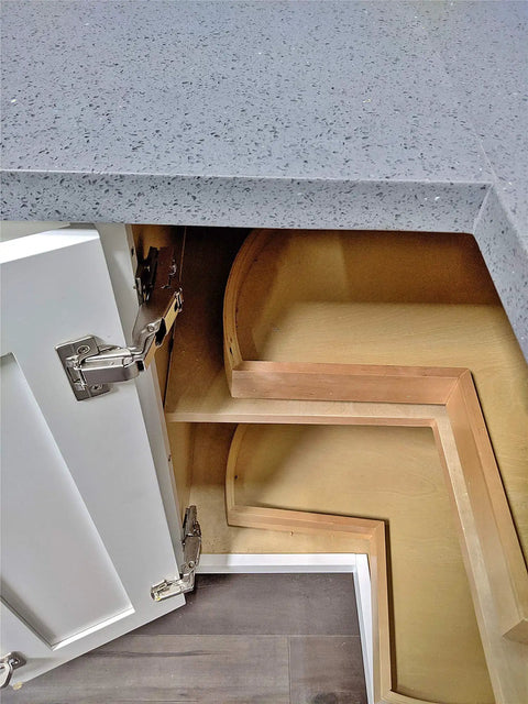 165 Degree Soft Close Cabinet Hinge For Inner Folding Corner Doors installed on white kitchen cabinet