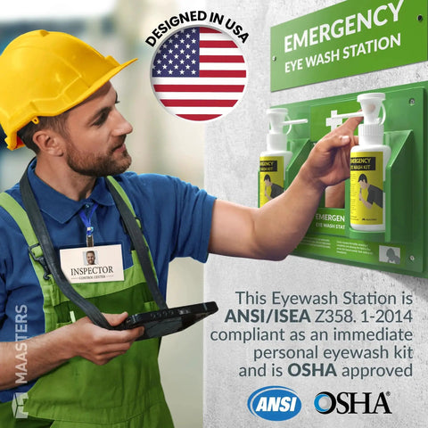 Worker installing Portable BPA Free Eye Wash Station OSHA Compliant Wall Mounted First Aid Kit With Mirror And Two 16 Ounce Empty Bottles