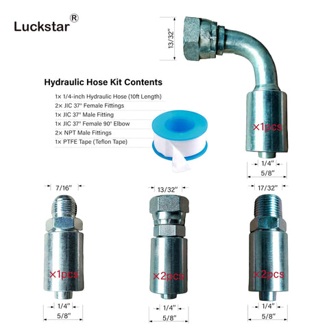 Luckstar hydraulic hose kit: 10 ft 1/4 in hose with JIC/NPT fittings and PTFE tape.