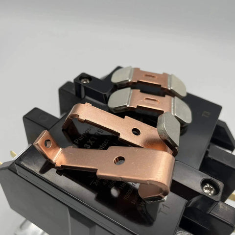 Close-up of Three Pole 90 Amp 120 Volt AC Contactor with silver cadmium oxide contacts and Class F insulation for industrial control.