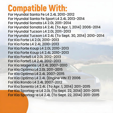 Compatibility list for Belt Tensioner Idler Pulley Serpentine Drive Belt Kit For Hyundai Sonata Santa Fe Santa Fe Sport Tucson Optima Magentis Sorento Forte 07-15 2.4L Replacement All In One Kit with vehicle models and years displayed.