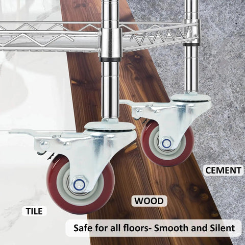 Heavy Duty Three Inch Swivel Caster Wheels Set Of Four With Three Eighths Inch Threaded Stem And Brakes shown on various floors