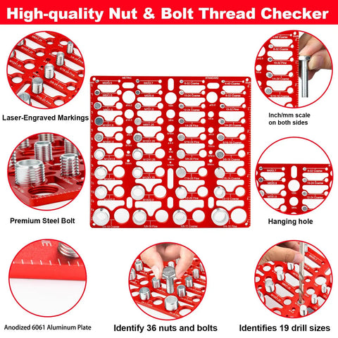 Nut And Bolt Thread Checker Gauge Kit With 55 Size Finder, 19 Drill Gauges, 16 Metric And 20 Standard Sizes, Wall Mountable Bolt Size And Thread Gauge For Quick ID And ANSI Go No Go Pro Grade with laser-engraved markings on a red aluminum plate.