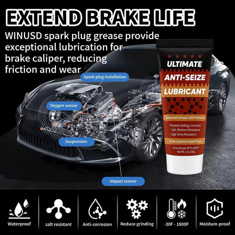 Copper Anti Seize Thread Lubricant For Spark Plugs And Automotive Fasteners tube with vehicle engine diagram highlighting application areas.