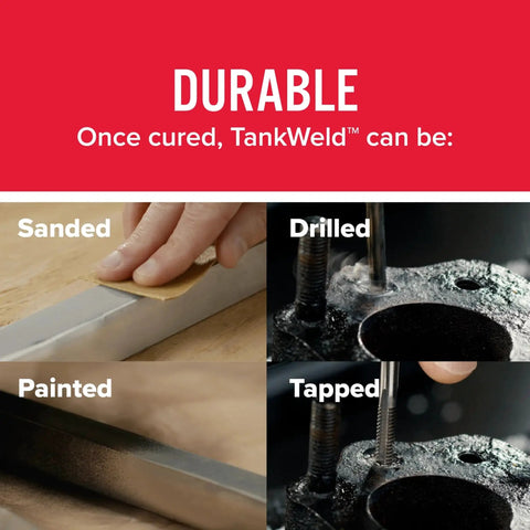 J-B Weld TankWeld gas tank repair epoxy, 1 oz, dark grey; collage showing sanded, drilled, painted, and tapped steps