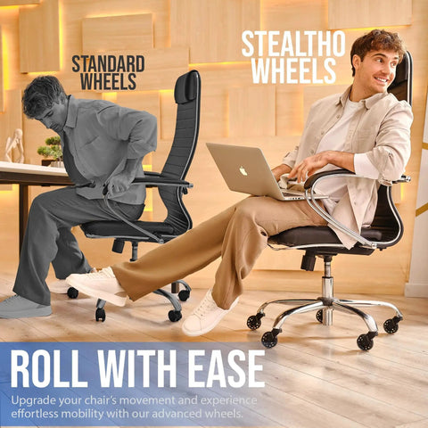 Man sitting in an office chair using Replacement Office Chair Wheels Set Of 5 With ABEC 9 Precision Bearings Crystal Soft Polyurethane Hardwood Floor And Carpet Safe Heavy Duty Casters Standard Fit 7/16 By 7/8 Inch Up To 550 Lb Capacity.
