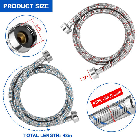 Stainless steel washing machine hoses, 4 ft, 3/4 in NPT connectors, red/blue hot and cold lines, 2-pack, Amazon brand.