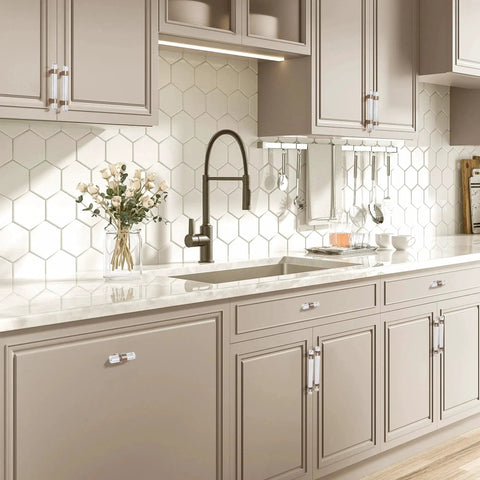 Kitchen cabinets with Crystal Glass Drawer Pulls in Champagne Bronze Finish Set of Five Cabinet Handles with Faceted Crystals installed.