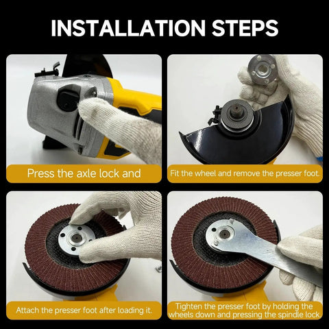 Installation steps for a cordless brushless angle grinder three eighths inch with 4 variable speeds using Makita 18V batteries.