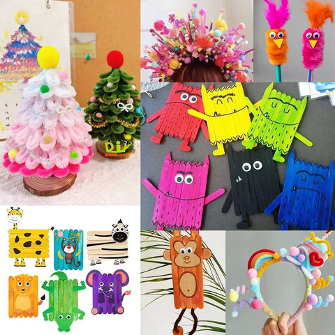 Collage of Easter DIY projects using All In One Kids Arts And Crafts Kit With 2000 Plus Pieces, featuring pom poms and pipe cleaners.